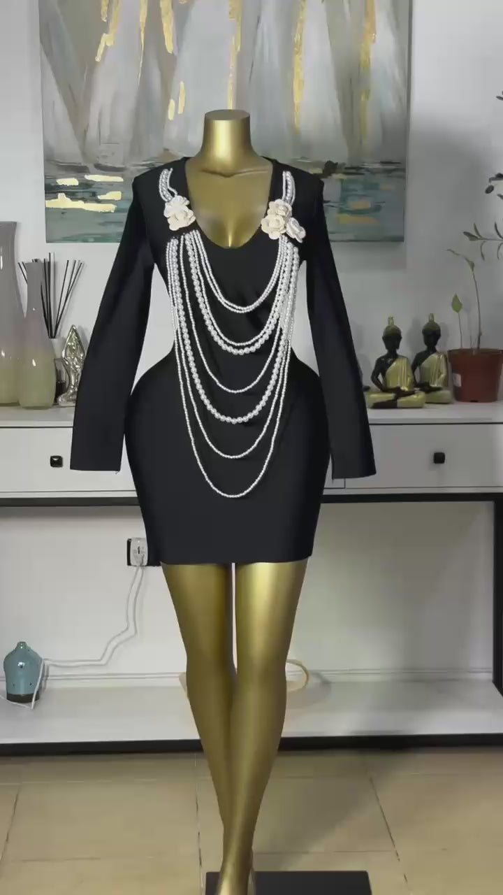 Deep V-neck Beaded Chain Mini  Length Bandage Dress for Party