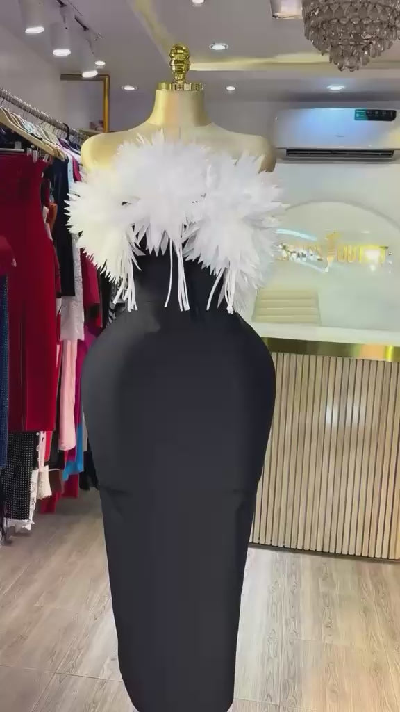 Strapless Feathers Bodycon Long Bandage Dress Birthday Outfit