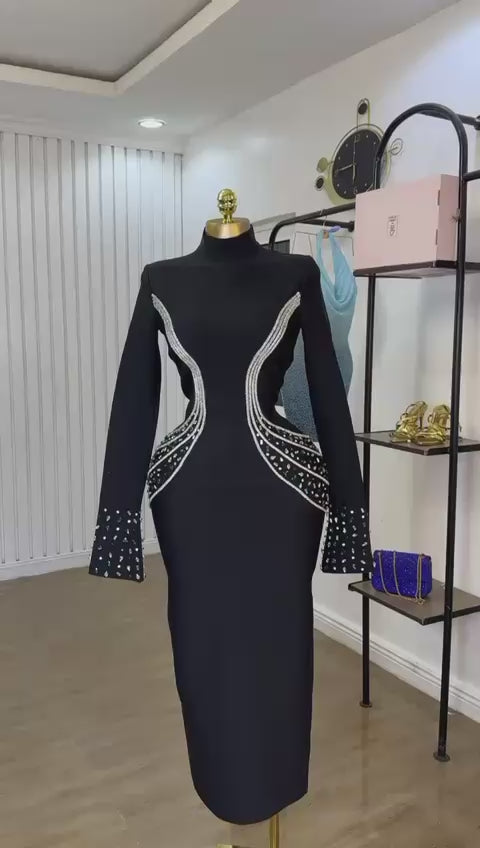 Turtleneck Shiny Diamond  Long Sleeves Crystal Bandage Long Dress