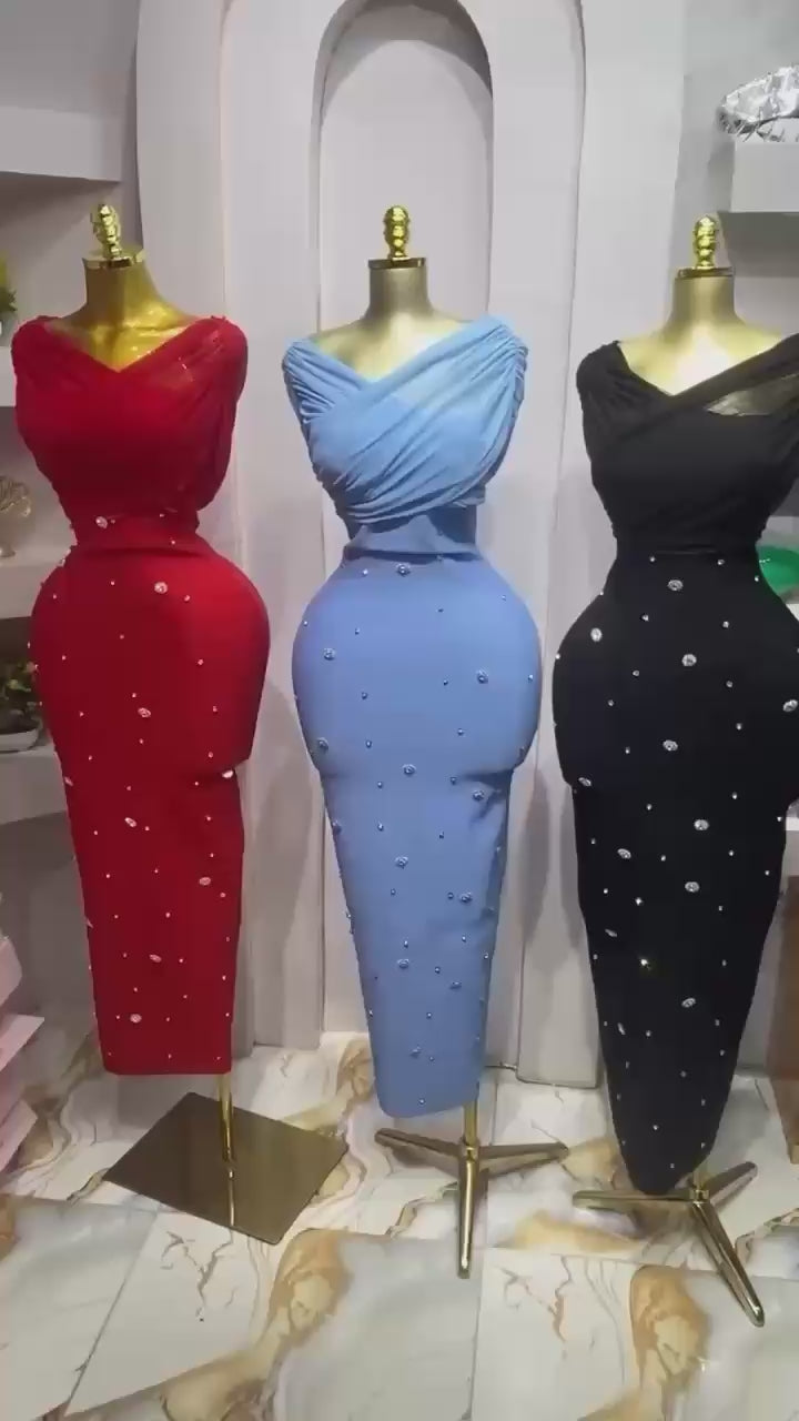 Sexy Slash Neck Off the Shoulder Shinning Crystal Bodycon Long Bandage Dress Birthday Party Outfit
