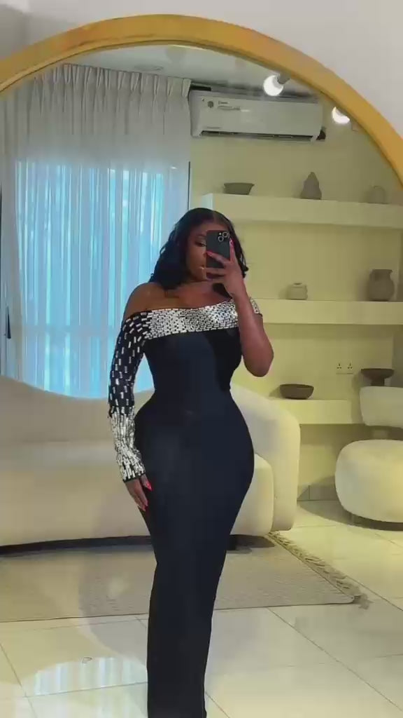 One Shoulder Rhinestones Black Bandage Long Dress Elegant Birthday Celebrate Prom Gown