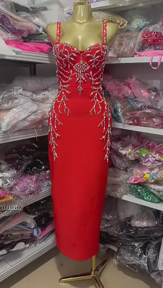 Luxurious Rhinestone Bodycon Black Strap Bandage Dress