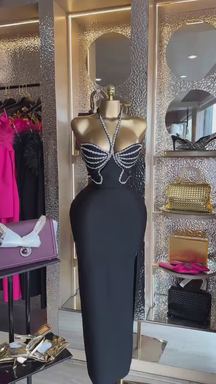 Sexy Fancy Halter Crystal Backless Bodycon Bandage Club Dress