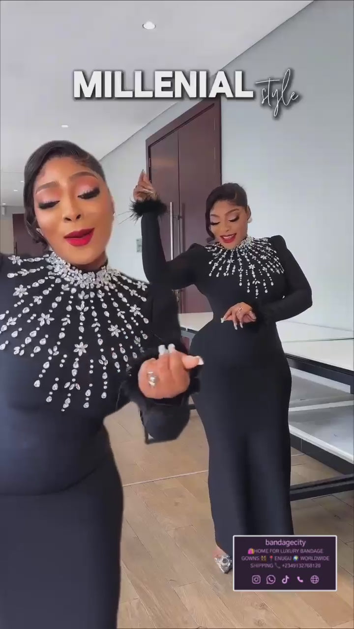 Rhinestones Hight Neck Long Sleeve Formal Praty Dress Bodycon