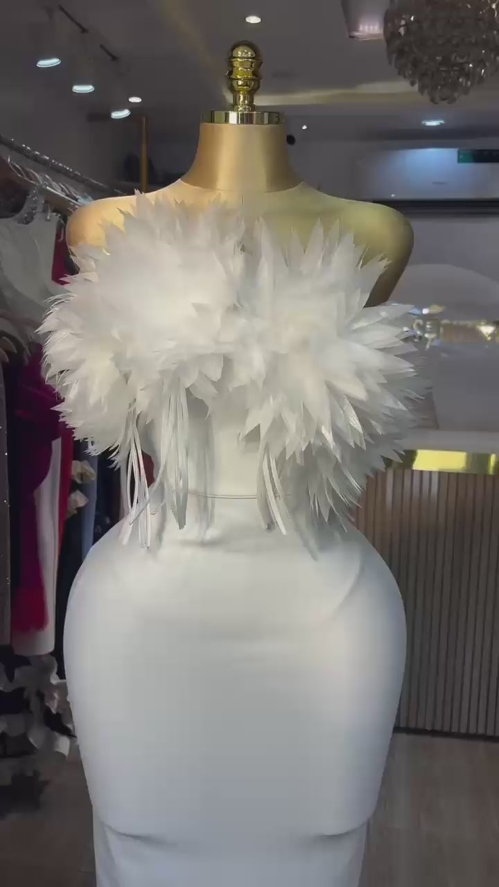 Strapless Feathers Bodycon Long Bandage Dress Birthday Outfit