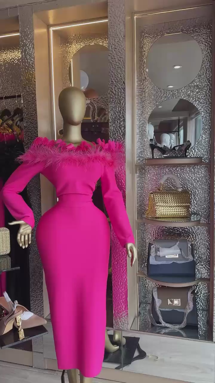 Long Sleeve Feathers Bandage Dress Bodycon For Club Party Birthday Wedding