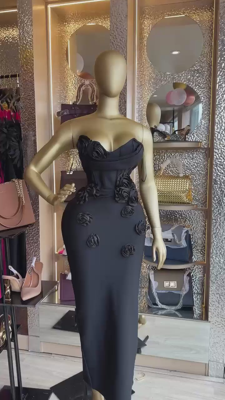 Strapless Florals Off the Shoulder Bodycon Bandage Mid-calf Dress  Backless Club Party Dress