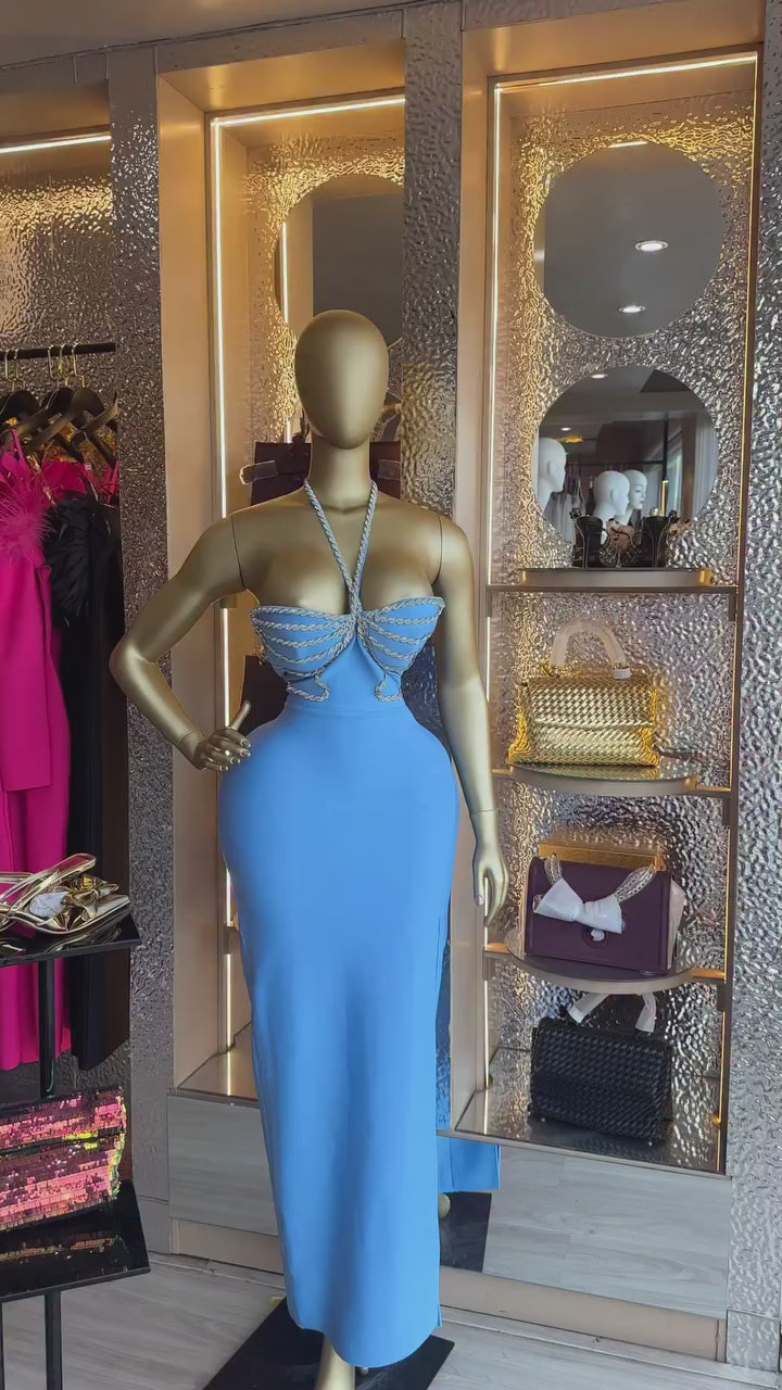 Sexy Fancy Halter Crystal Backless Bodycon Bandage Club Dress
