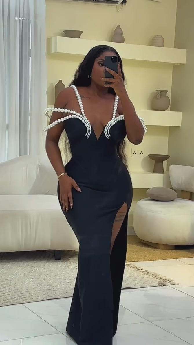 Sexy Off Shoulder Pearl Maxi Long Bandage Bodycon Dress Elegant