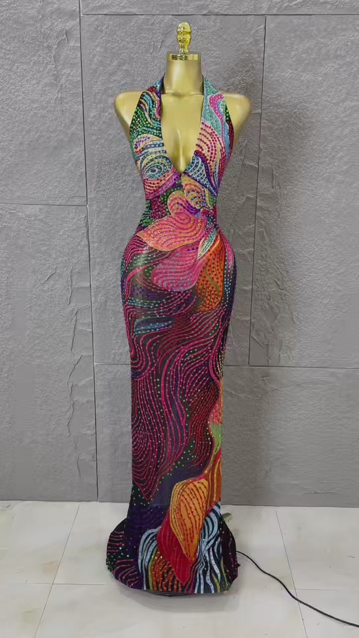 The Zaria Kaleidoscope Rainbow Rhinestone Gown
