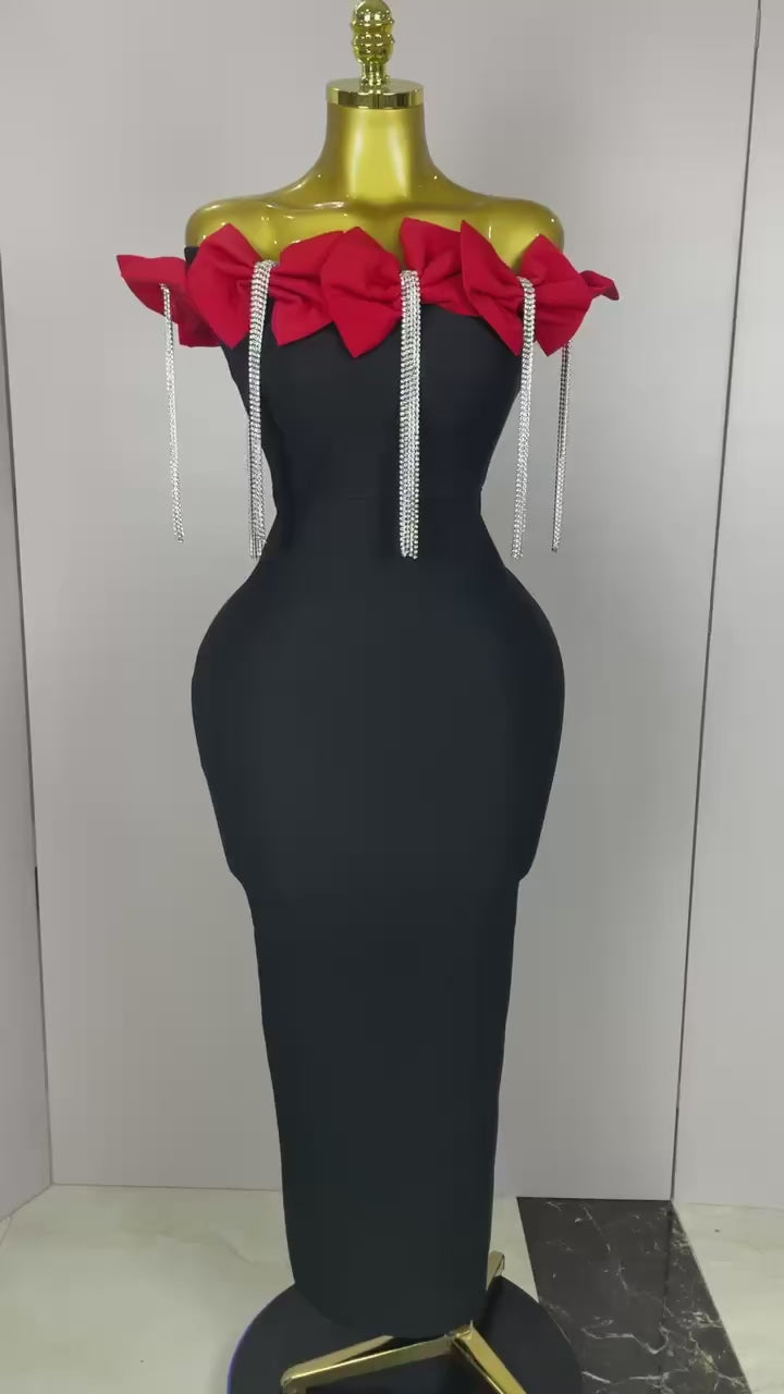 Sexy Off Shoulder Flower Diamonds Black Bow Tie Maxi