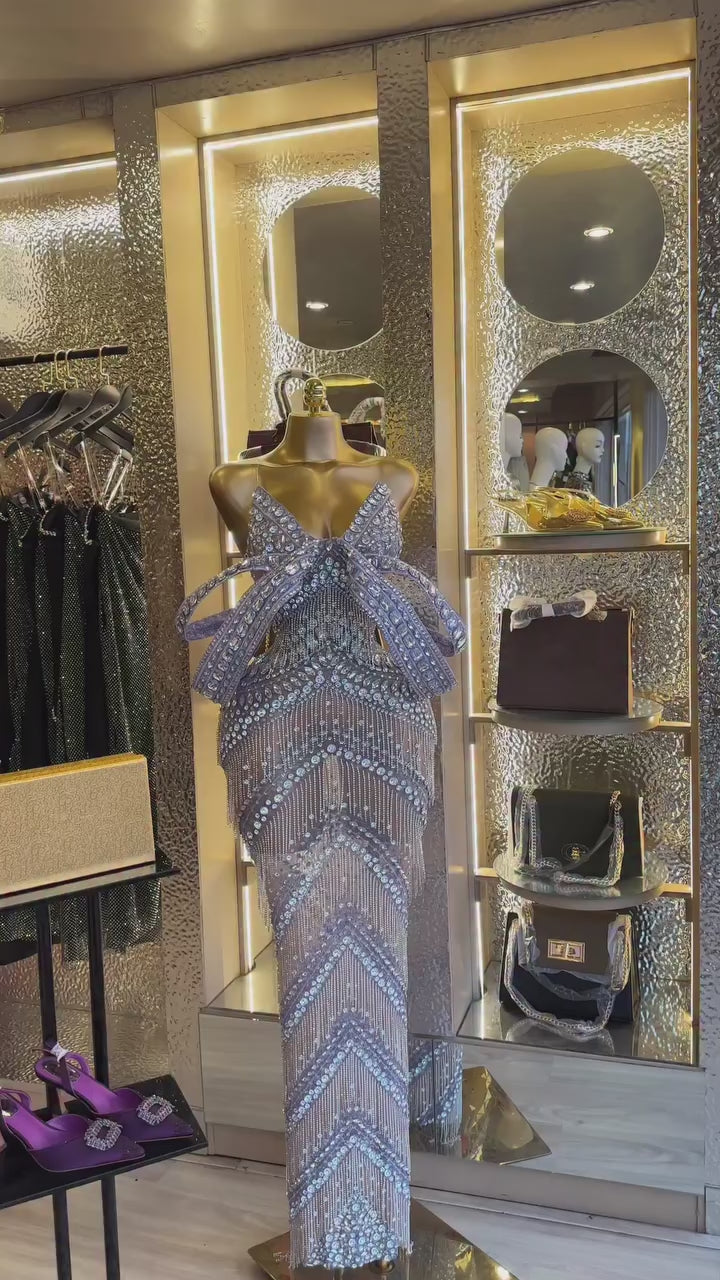 Sexy Glitter Rhinestone Off Shoulder Chain Dress Party
