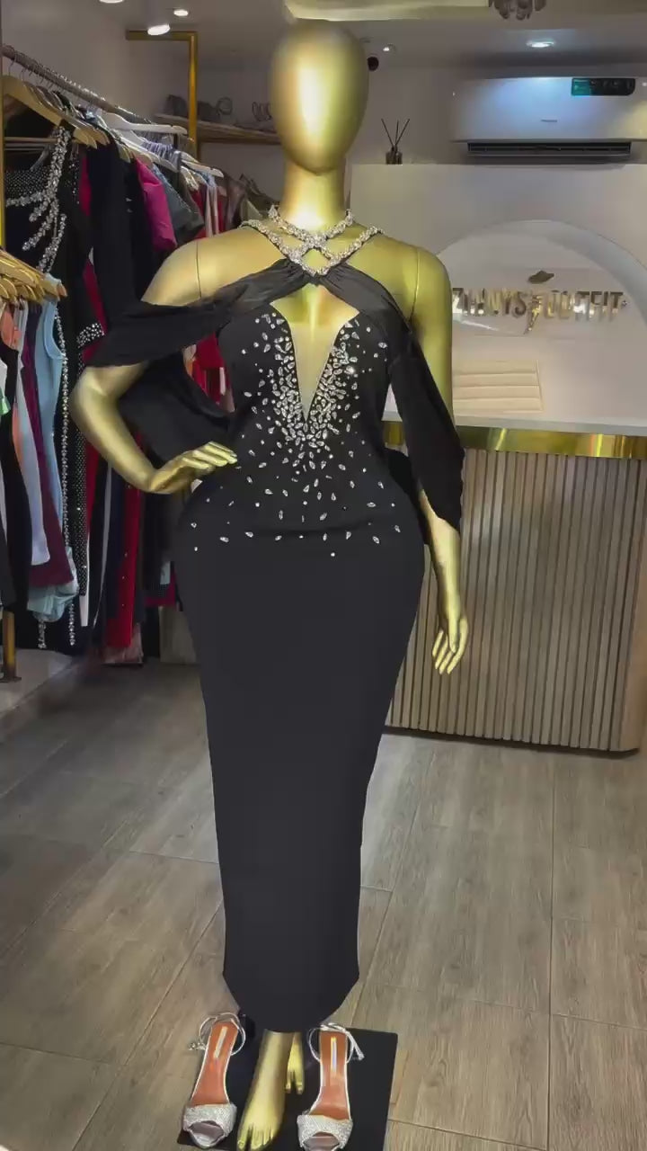 Sexy Off Shoulder Beaded Spaghetti Strap Diamond Bandage Dress