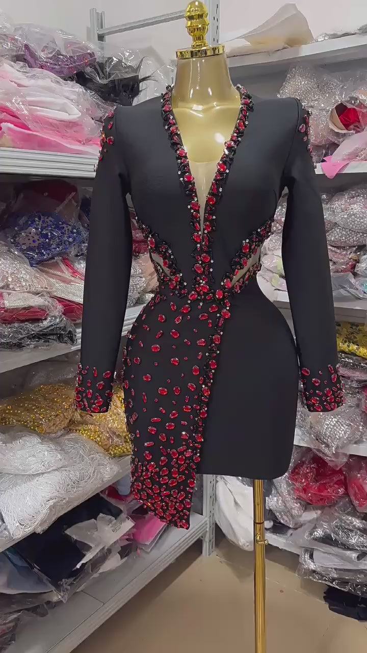 Deep V long sleeve hollow Rhinestone  banquet