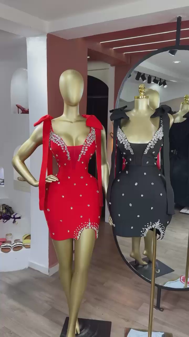 Sexy Sleeveless Diamond Bead plus Bow Mini Bodycon Bandage Dress
