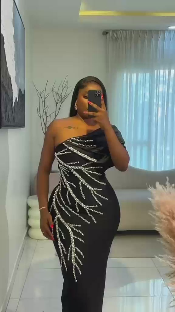 Beading  Rhinestones Bodycon One Shoulder Long Bandage Gown for Birthday