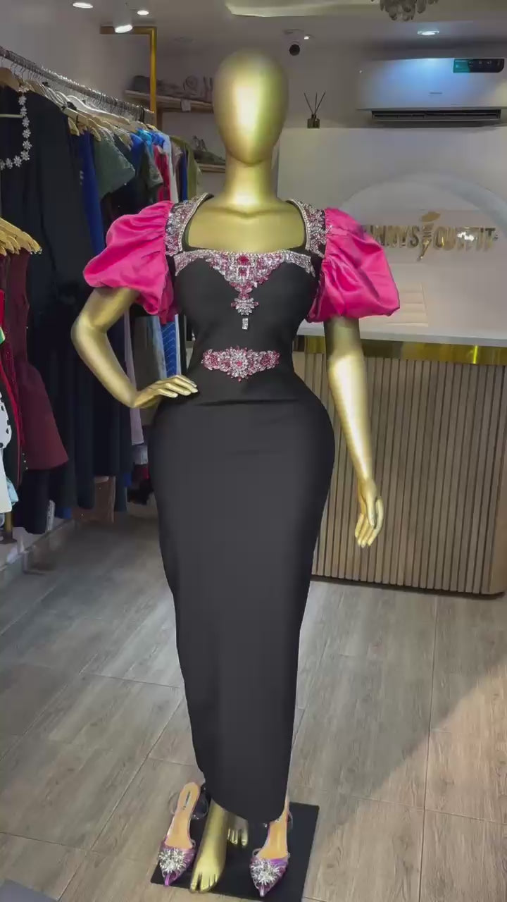 Elegant Heavy Diamond Embedded Bubble Short Sleeve Square Collar Red Carpet Gown