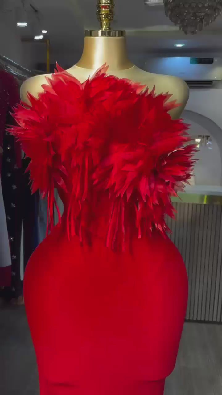 Strapless Feathers Bodycon Long Bandage Dress Birthday Outfit