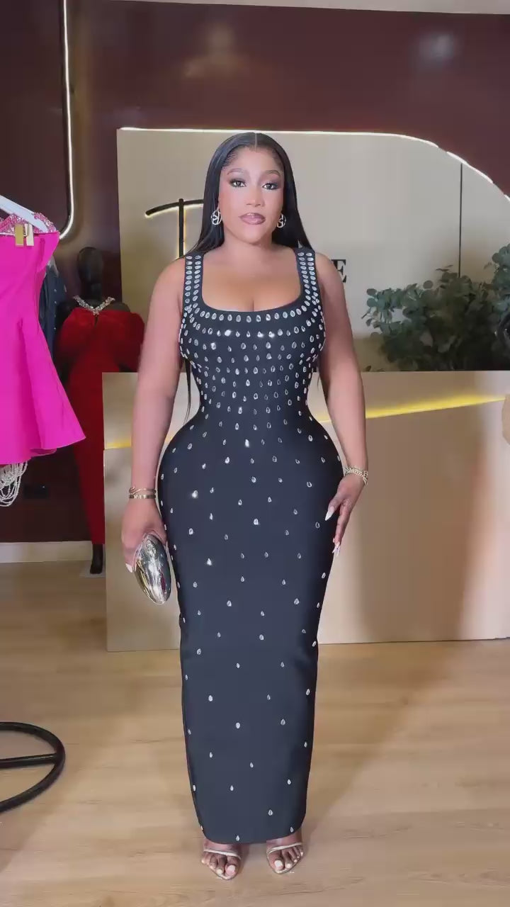 Sleeveless Sexy O-Neck Shinning Crystal Bodycon Bandage Long Dress Party Celebrate