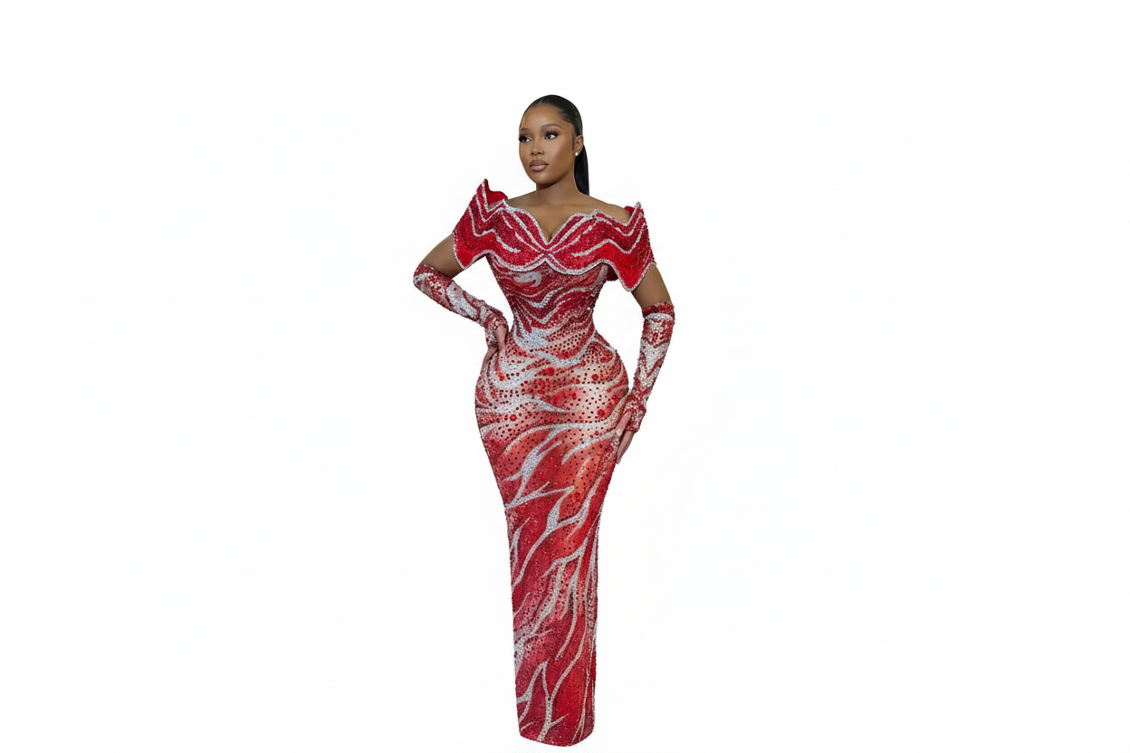 Red sequined dress on white background
