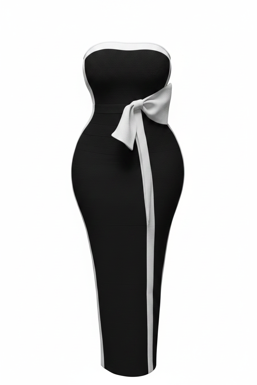 Red White Blue Women Sexy Strapless Bow Bodycon Long Bandage Dress Birthday Party Outfit