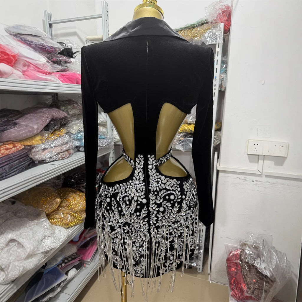 Blazer-Style Cross-Over Rhinestones Dress