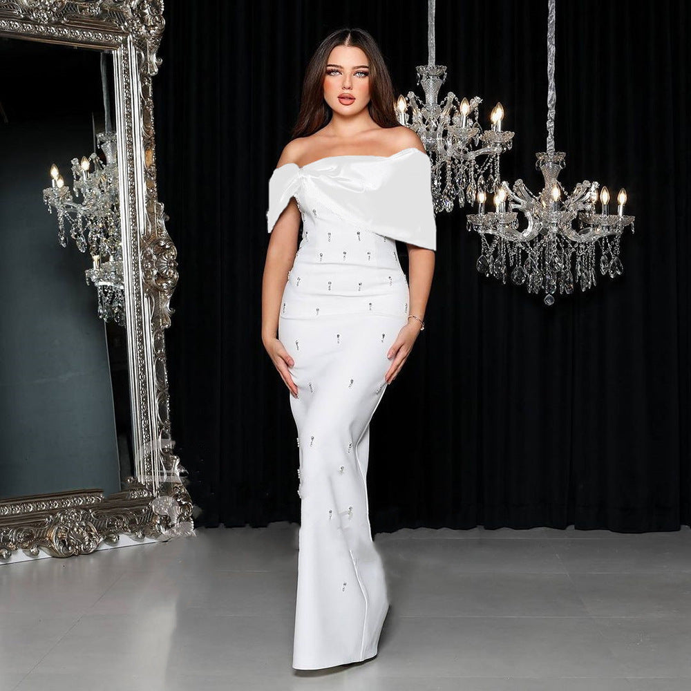 Off Shoulder Rhinestone Bow Long Bandage Dress  Wedding Guest Dress