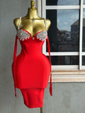 V-Neck Sleeveless Pearl Strap Beaded Bandage Dress Knee-Length