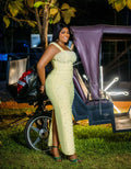 Elegant Pastel Yellow Off-the-Shoulder Maxi Dress with Faux Pearl Embellishments