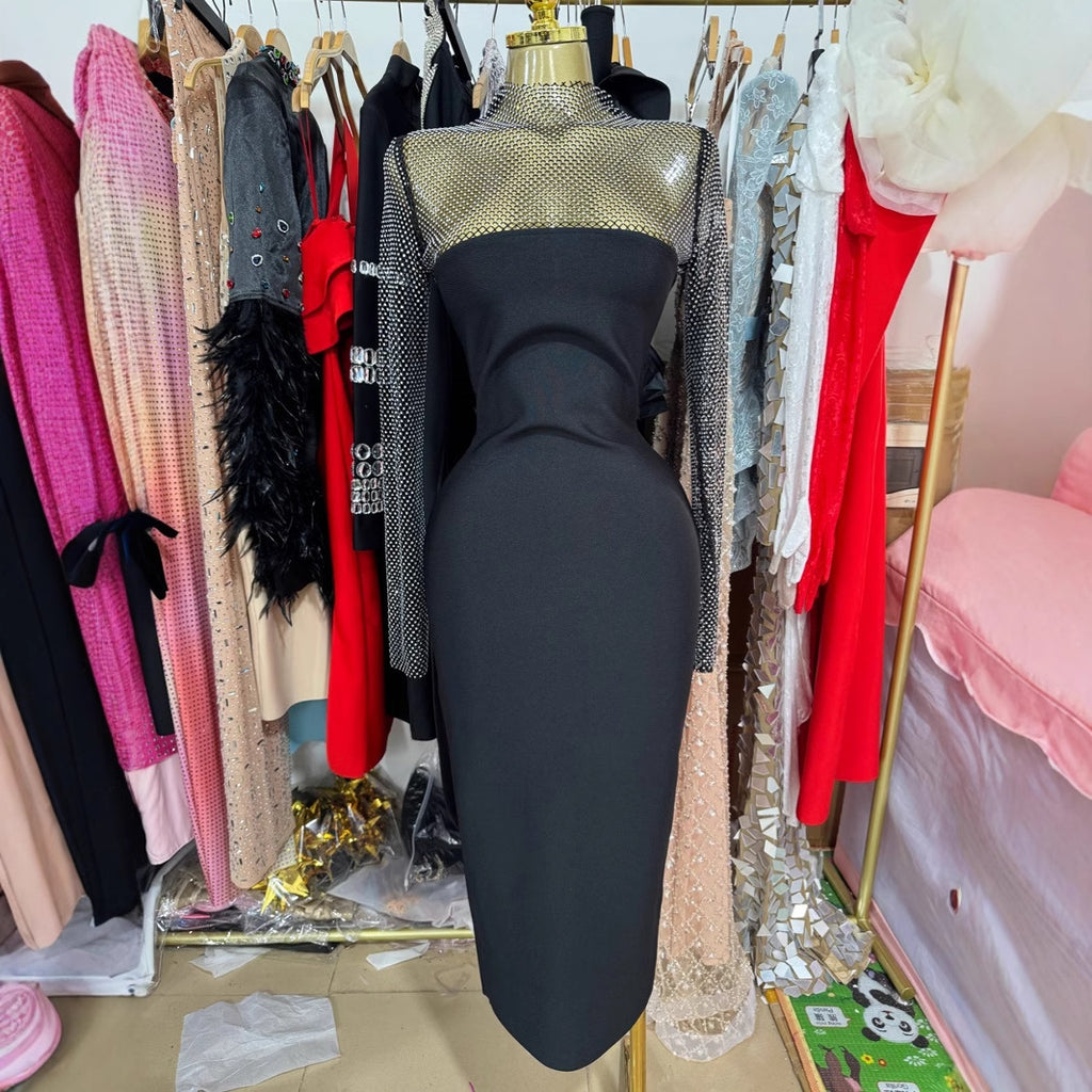 Elegant Black Mesh Long Sleeve Sparkling Detail Midi