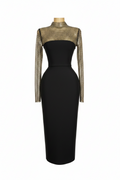 Elegant Black Mesh Long Sleeve Sparkling Detail Midi