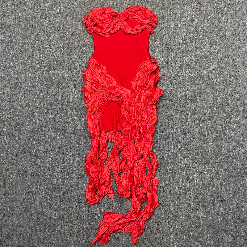 Strapless Ruffles Tassel Splicing Irregular Birthday Bodycon Midi Maxi Dress