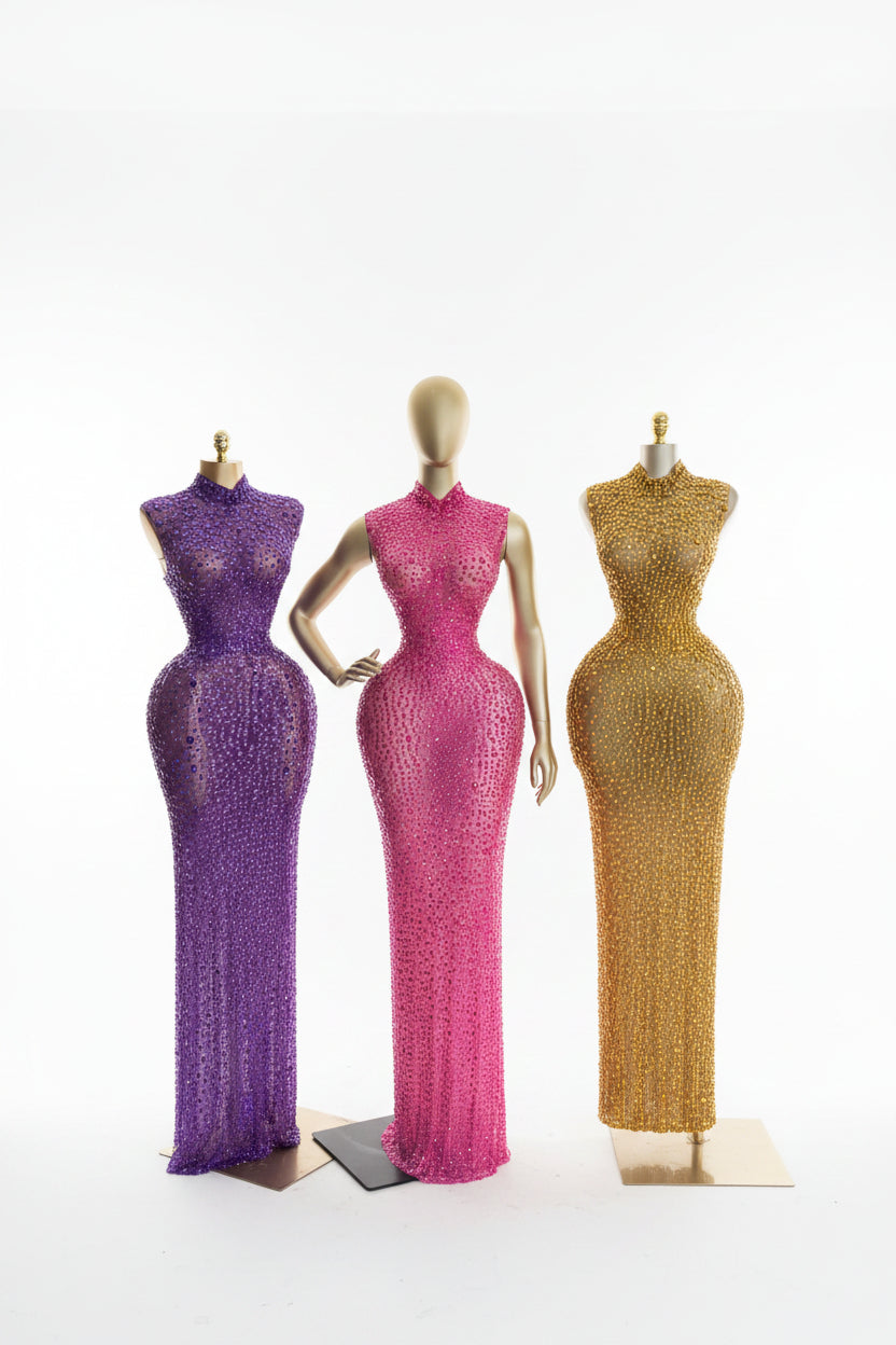 Gilded Glamour Mock-Neck Shimmer Luxury Gown