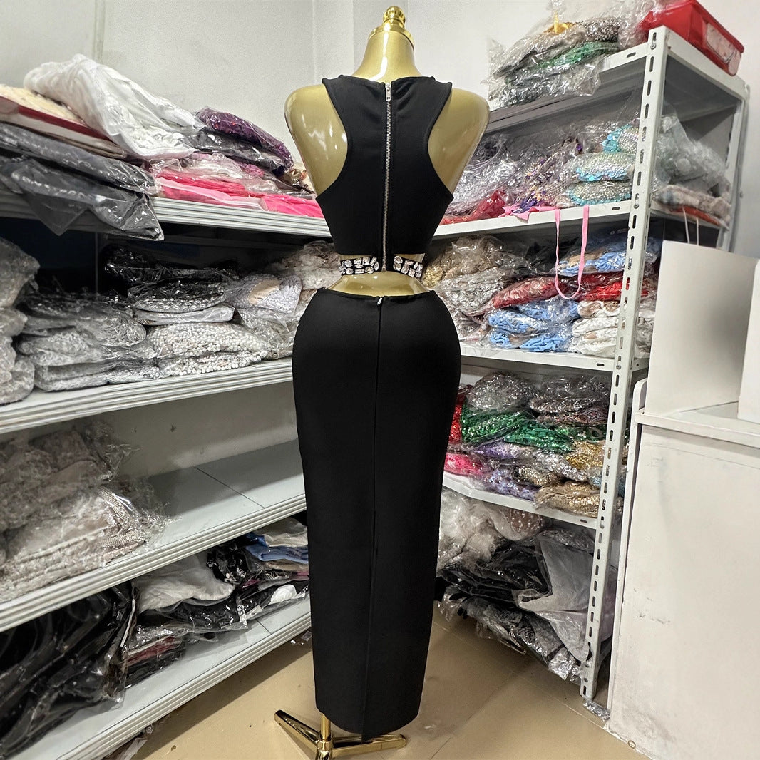 Neutral Tone Bandage Dress with Tonal Crystals