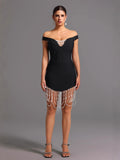 Off-Shoulder Mini Pearl Tassel Bandage Dress