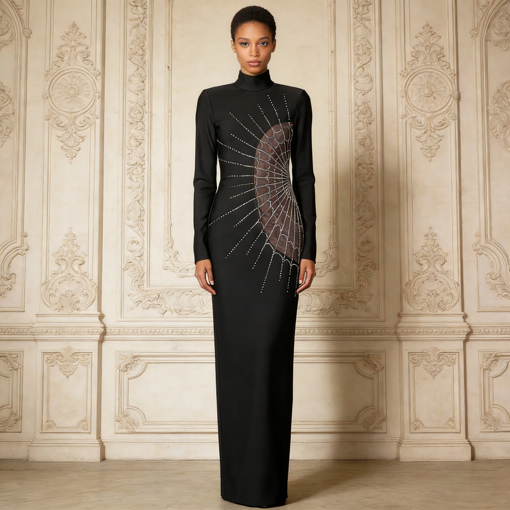 Beading  Long Sleeve O-Neck Full  LengthBandage Prom Gown