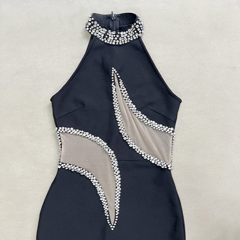 Rhinestone Beaded Sleeveless Mesh Patchwork Stretch Bodycon Bandage Dress