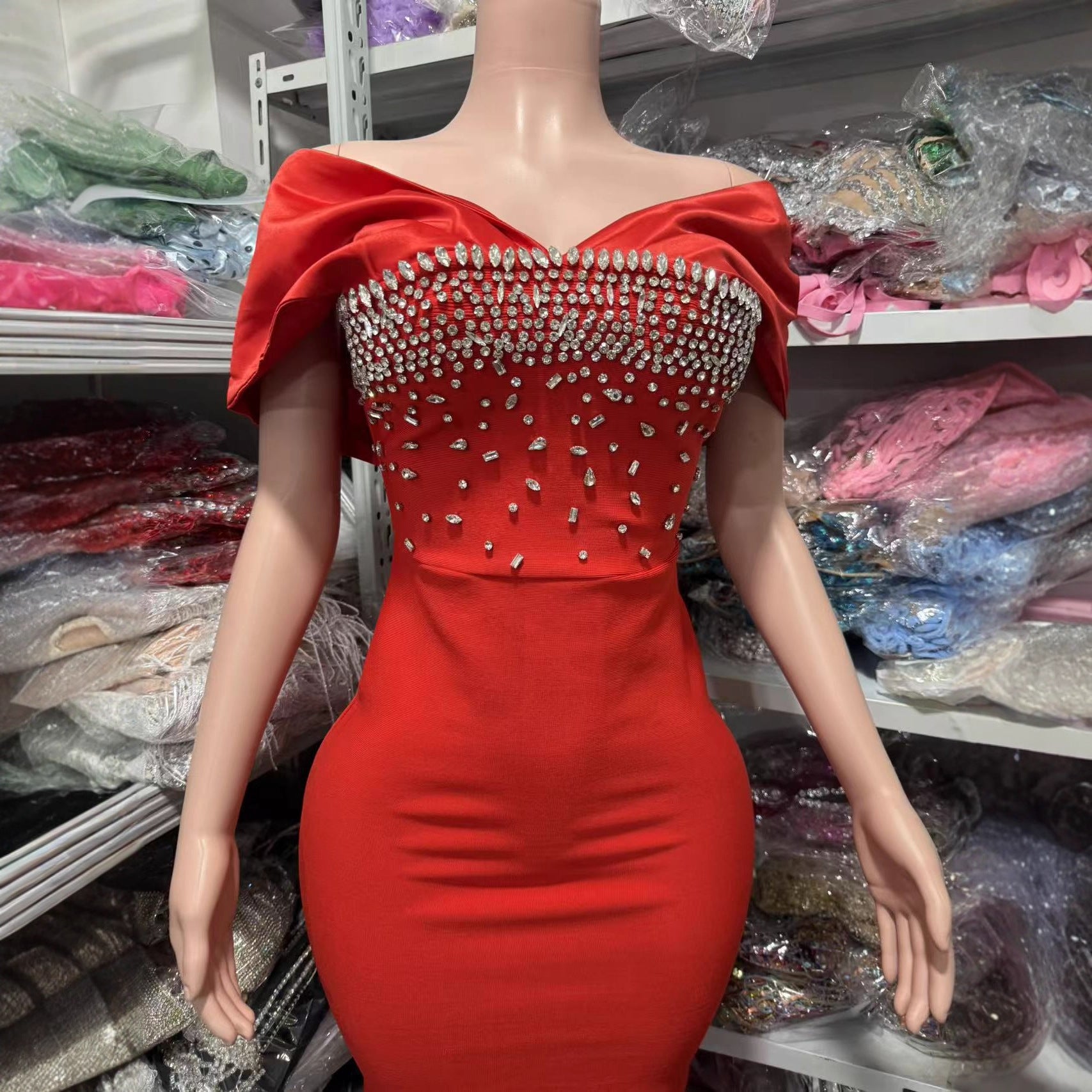 Sleeveless Tube Top Slim Design Diamond-Encrusted Tight Long Dress