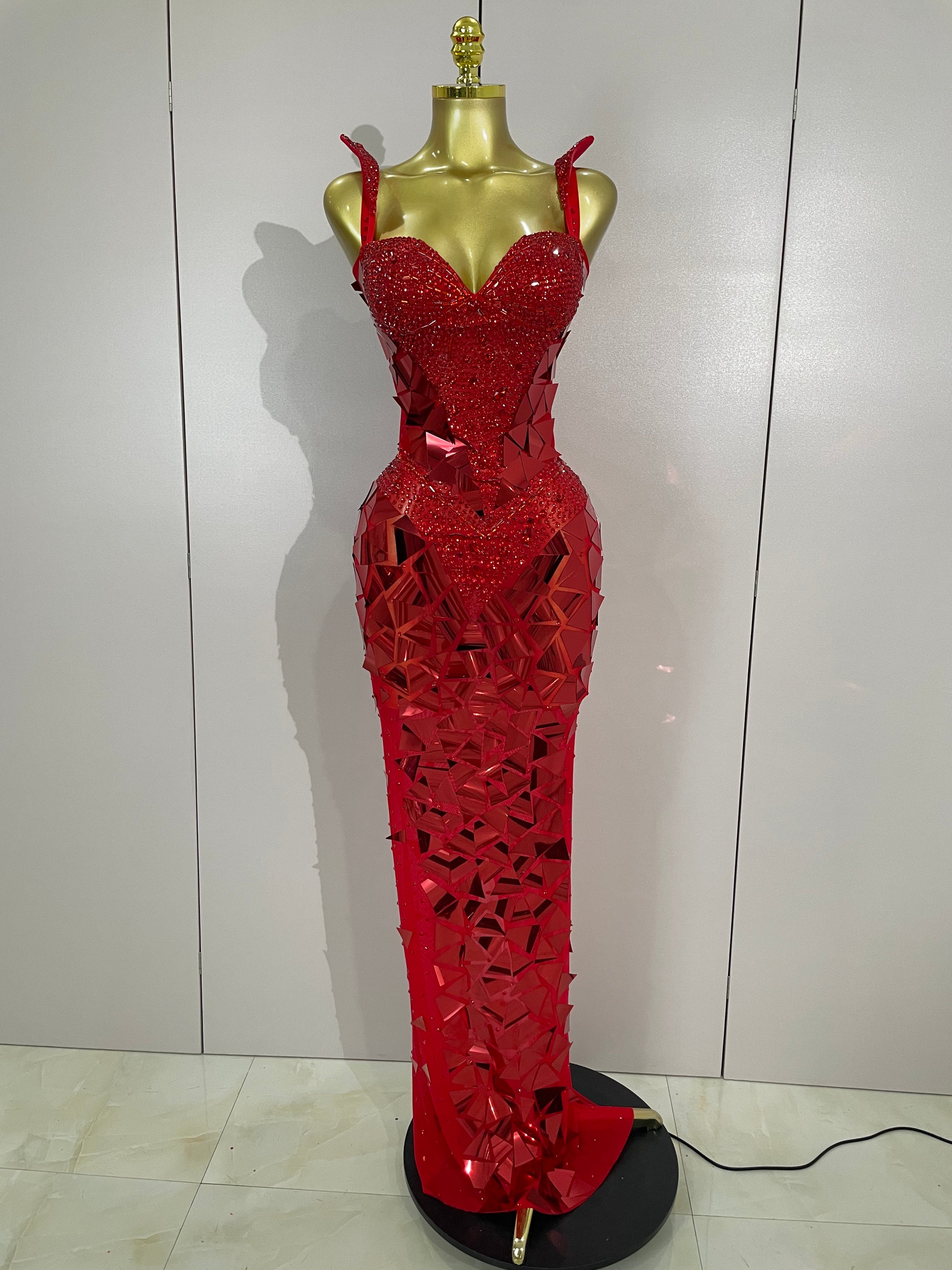 Diamond Lattice Pattern Luxury Dress Red / XL / Cotton