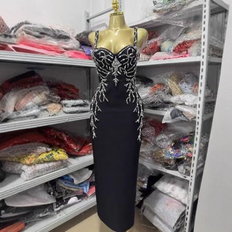 Luxurious Rhinestone Bodycon Black Strap Bandage Dress