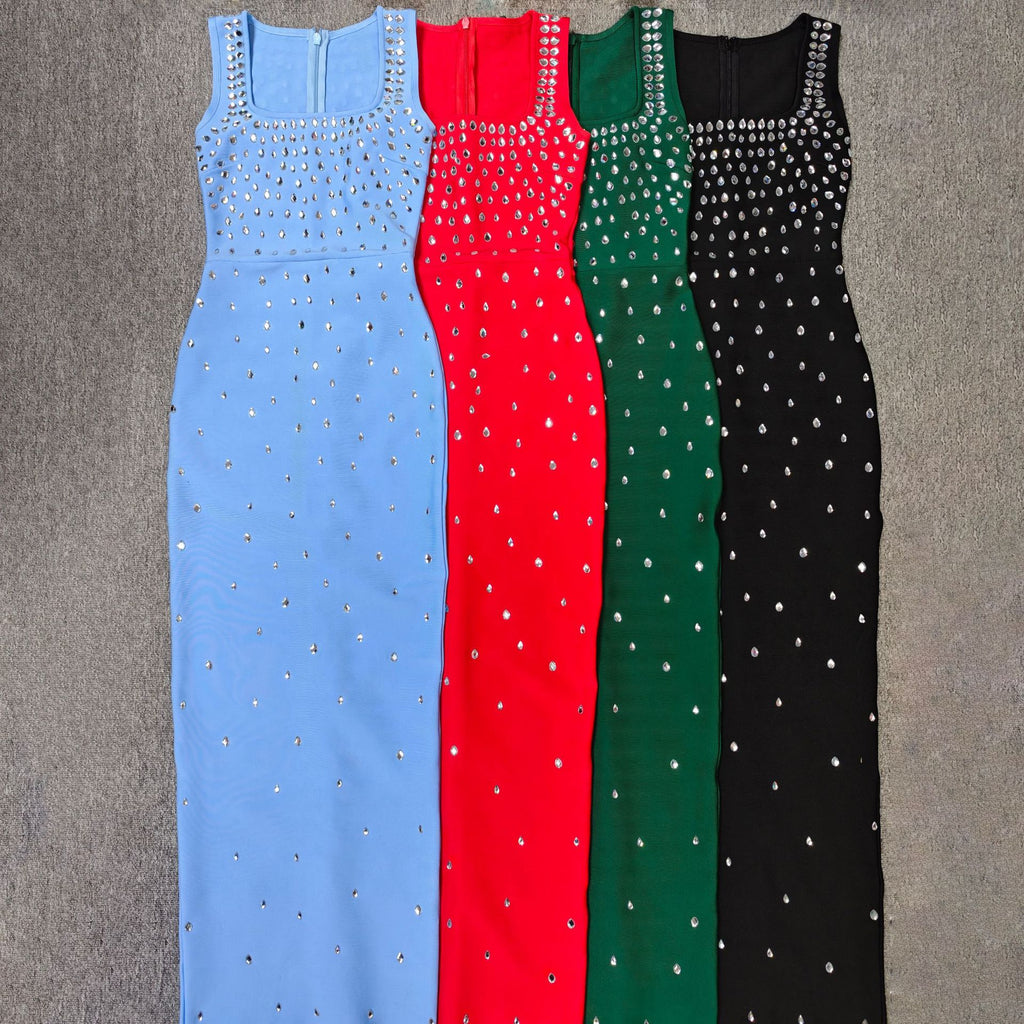 Sleeveless Sexy O-Neck Shinning Crystal Bodycon Bandage Long Dress Party Celebrate