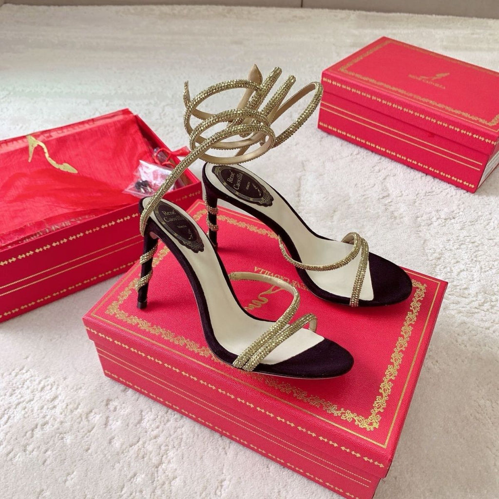 René Caovilla Cleo Crystal-Embellished Sandal (Black/Gold)