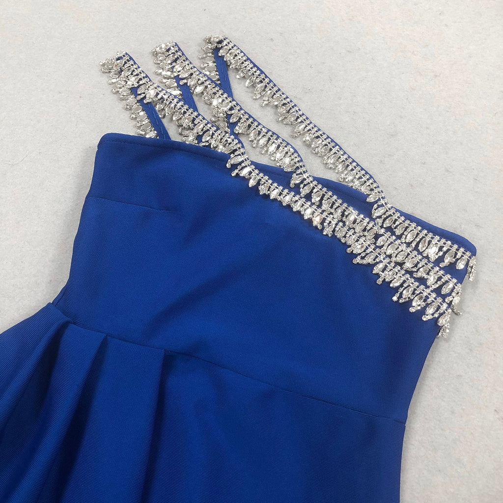 Sexy One Shoulder Diamond Tassel Bandage Dress Sleeveelss Crystal Patchwork Draped