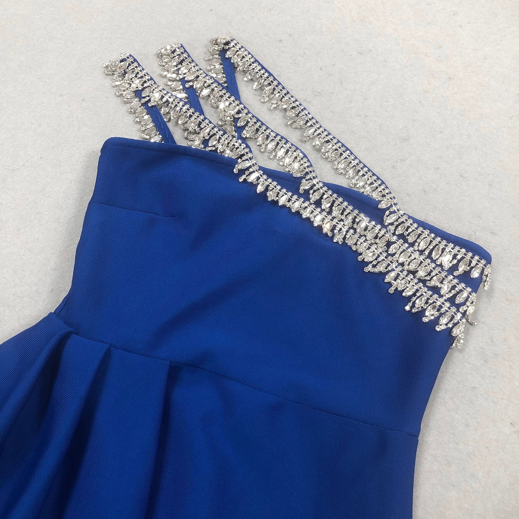 Sexy One Shoulder Diamond Tassel Bandage Dress Sleeveelss Crystal Patchwork Draped