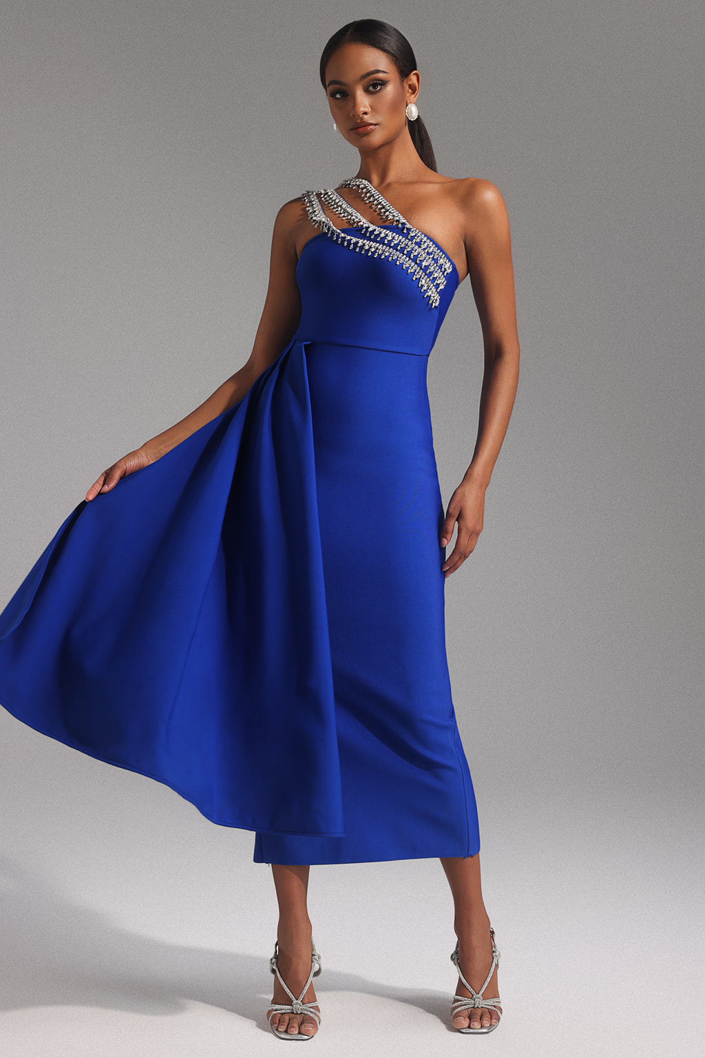 Sexy One Shoulder Diamond Tassel Bandage Dress Sleeveelss Crystal Patchwork Draped