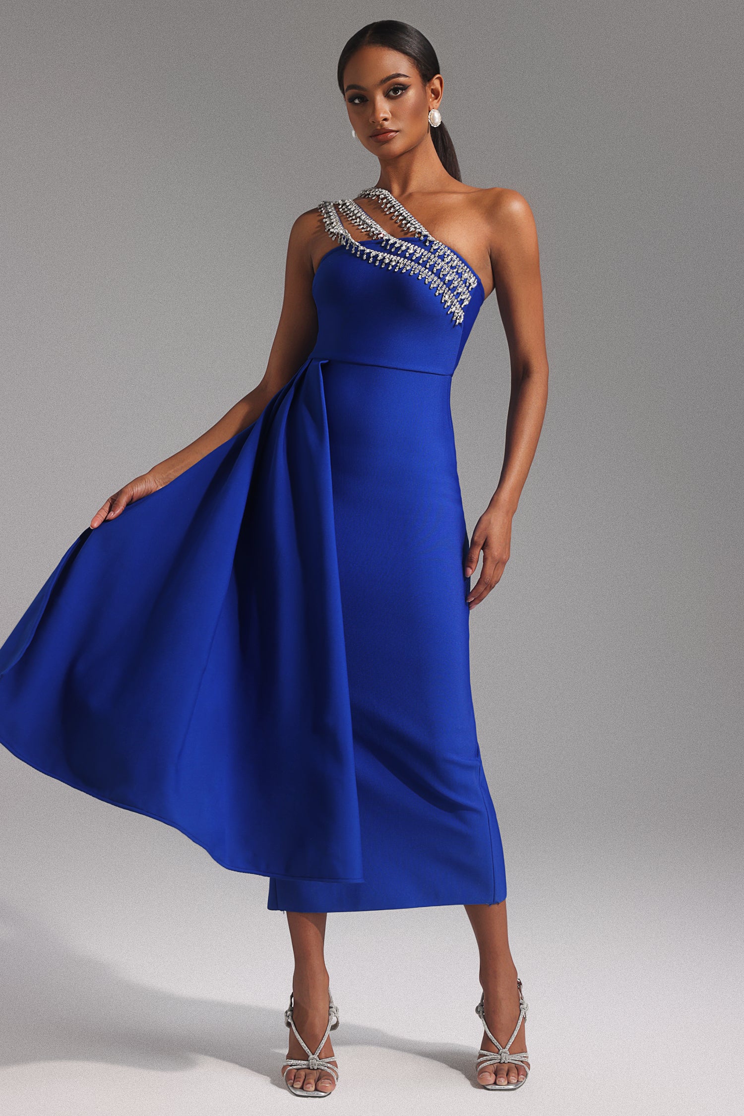 Sexy One Shoulder Diamond Tassel Bandage Dress Sleeveelss Crystal Patchwork Draped