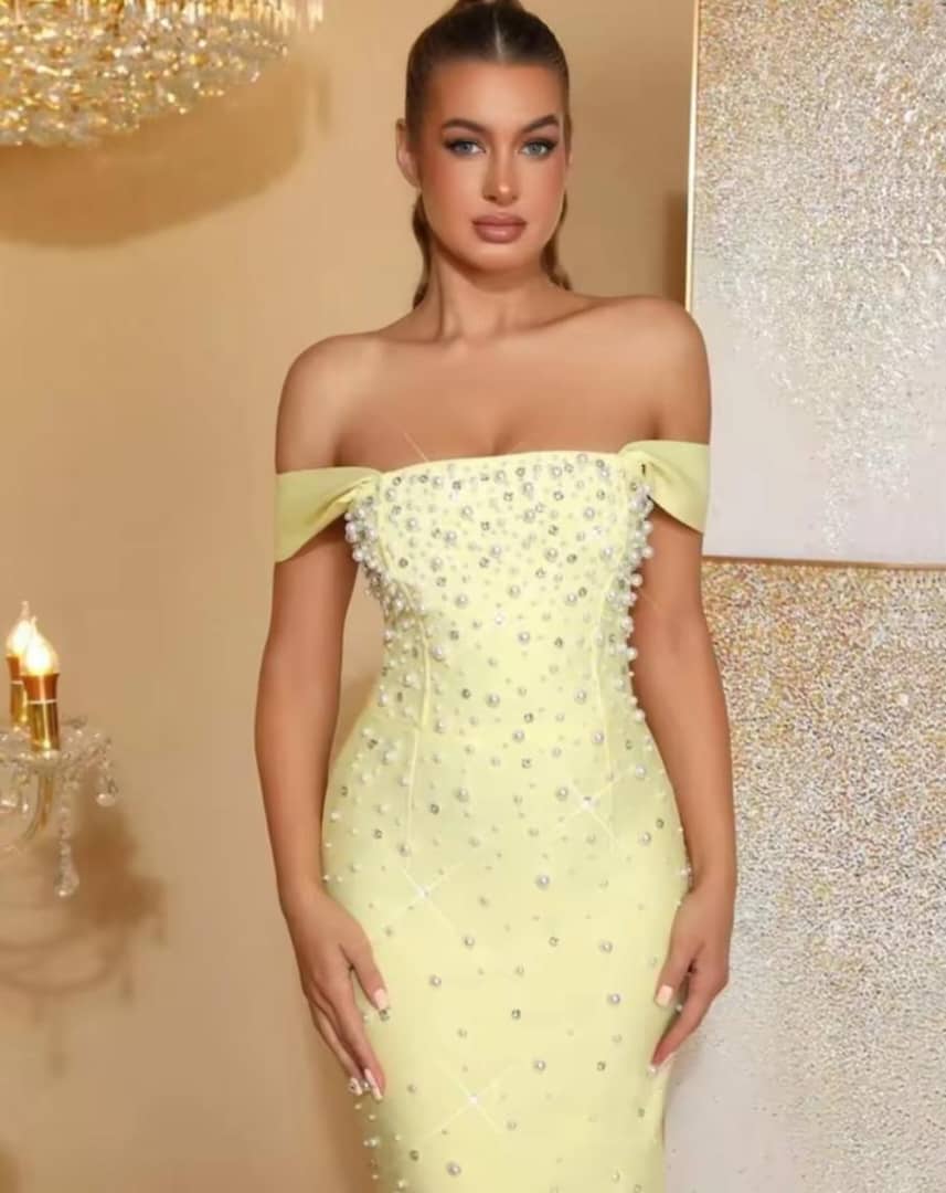 Elegant Pastel Yellow Off-the-Shoulder Maxi Dress with Faux Pearl Embellishments