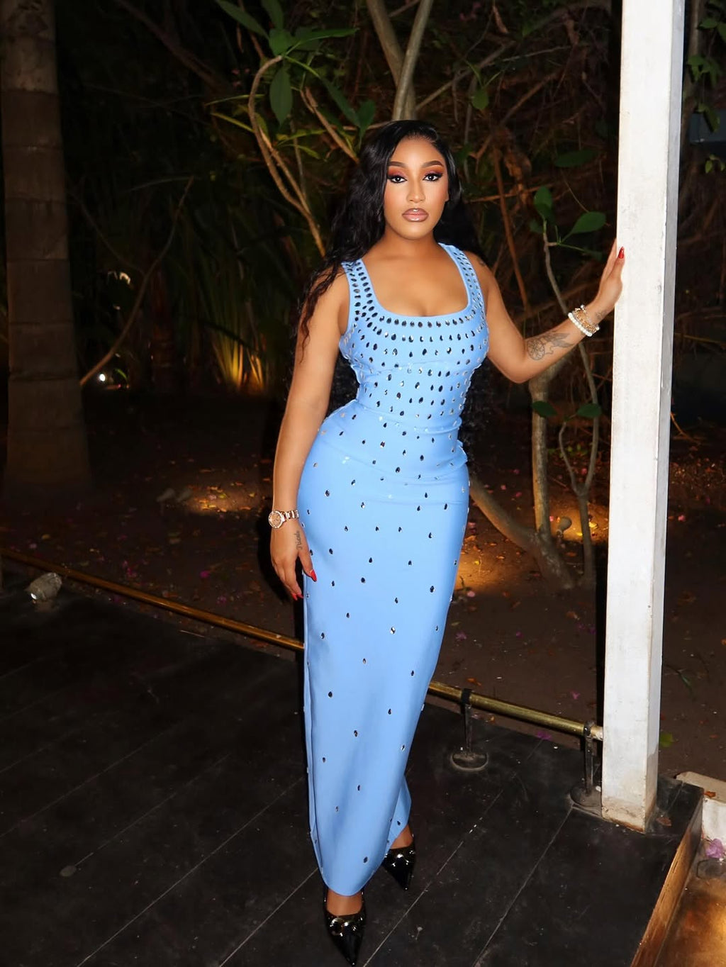 Sleeveless Sexy O-Neck Shinning Crystal Bodycon Bandage Long Dress Party Celebrate