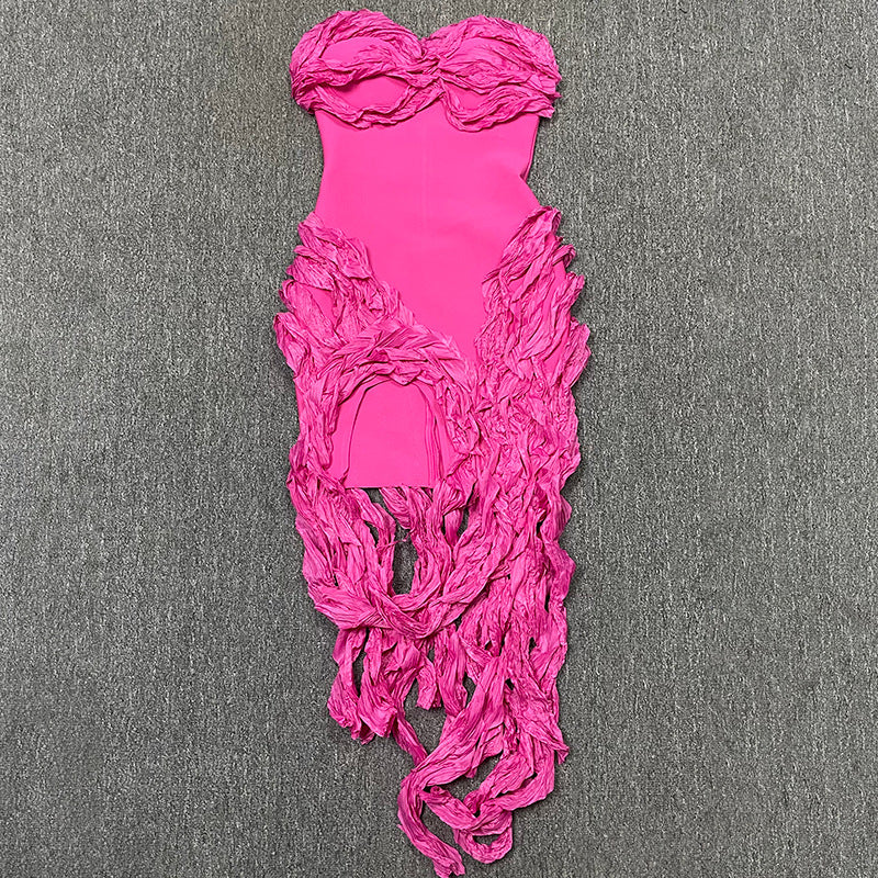 Strapless Ruffles Tassel Splicing Irregular Birthday Bodycon Midi Maxi Dress