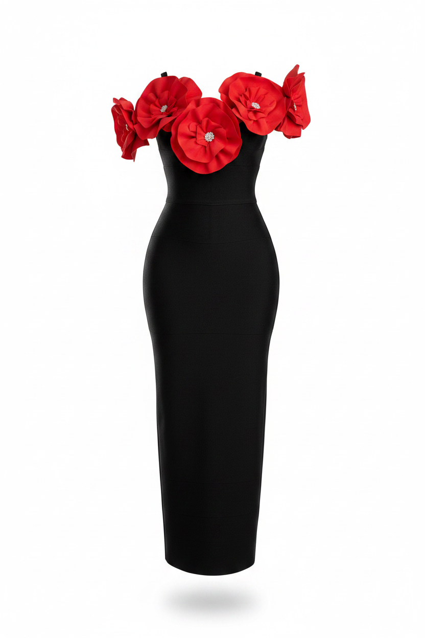 One Shoulder Bared Rosebud Wrap Retro Long Gown